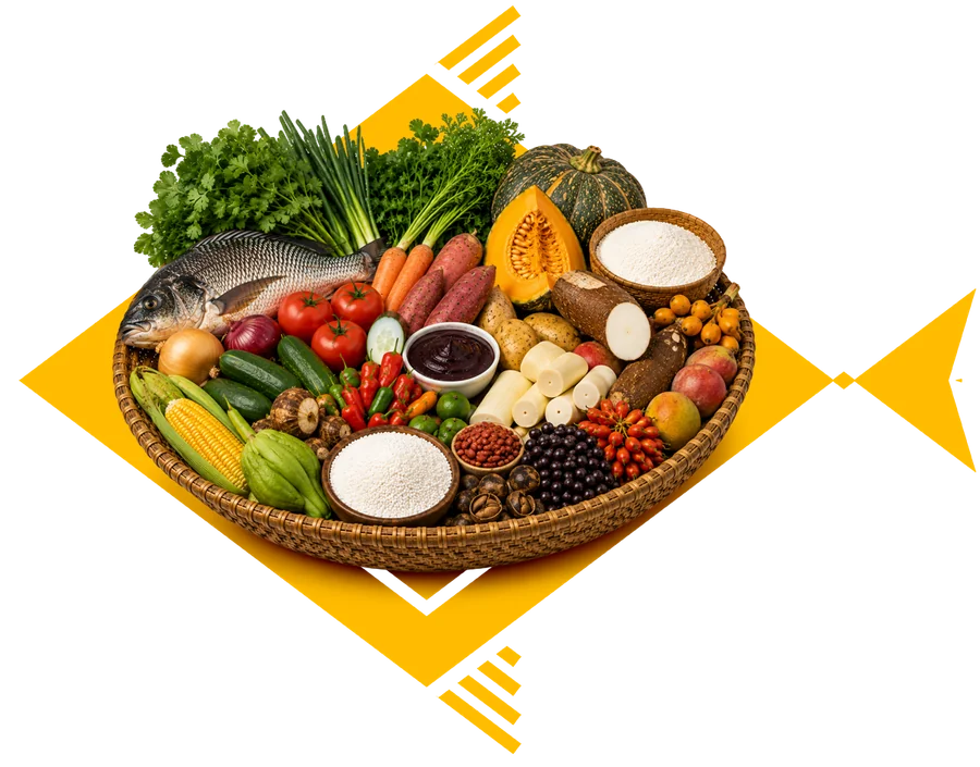 Cesto com alimentos tradicionais indígenas: peixe, mandioca, milho, abóbora, frutas e farinhas
